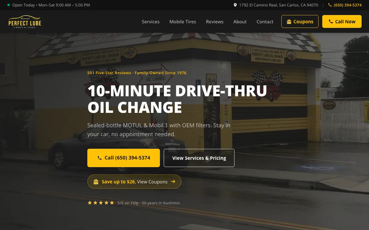 Oil Change & Auto Care Shop website built by Ramp Up Digital