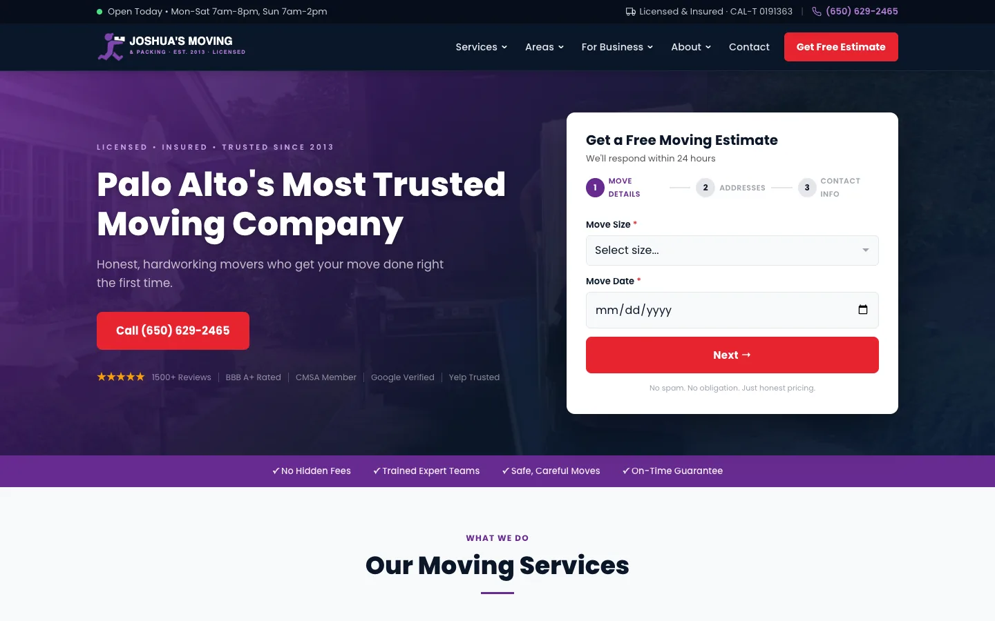 Joshua's Moving & Packing website on desktop