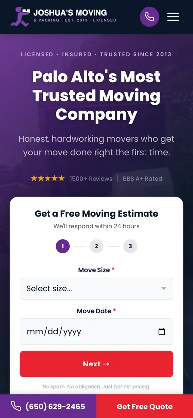 Joshua's Moving & Packing website on a phone