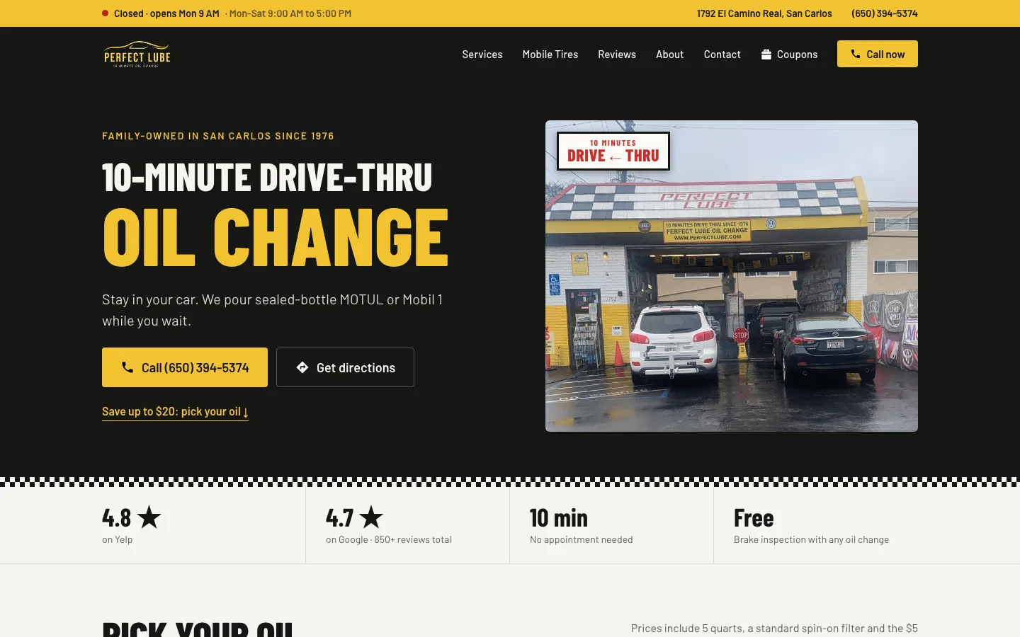 Oil Change San Carlos website on desktop
