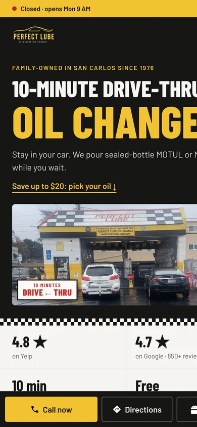 Oil Change San Carlos website on a phone