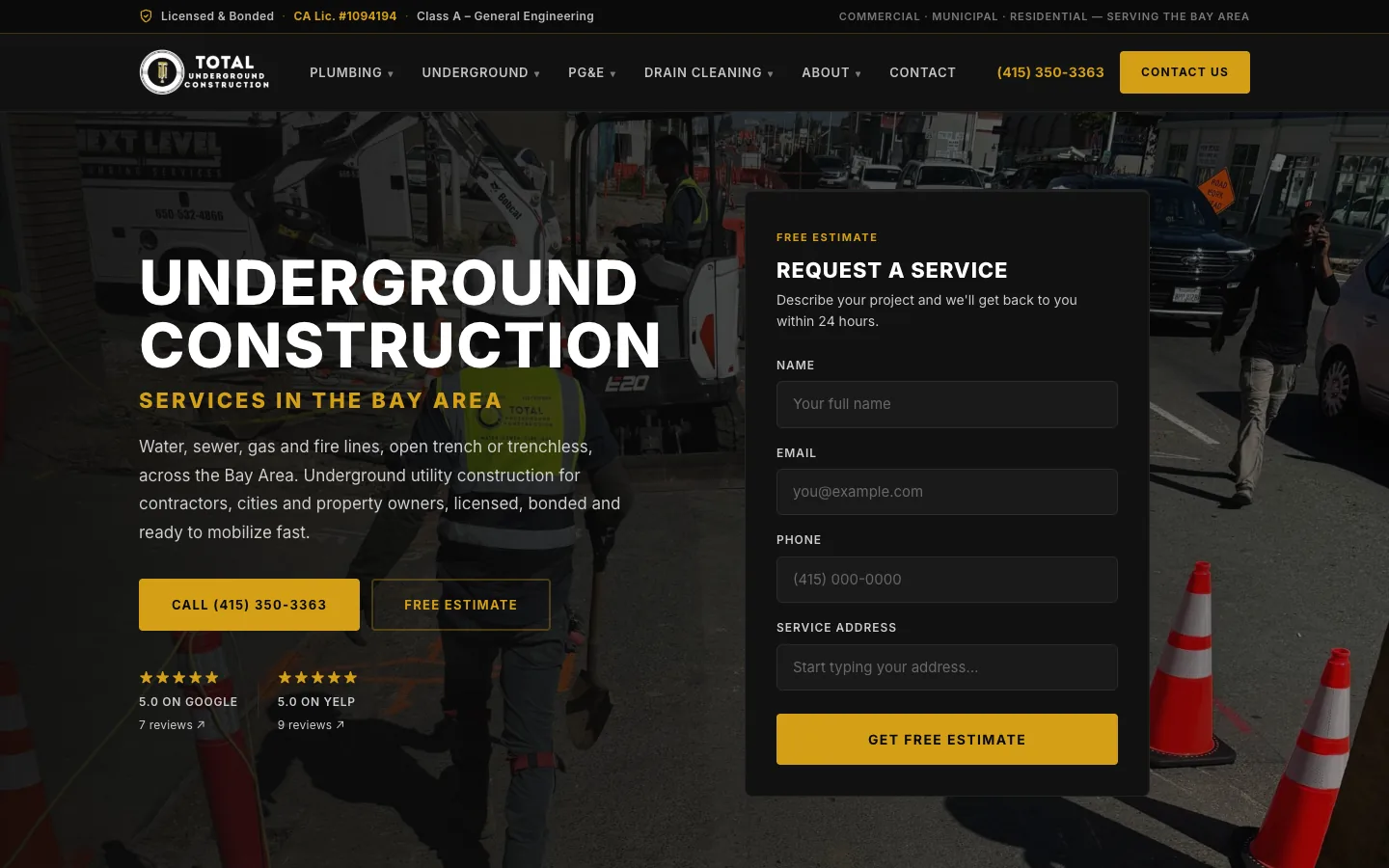 Total Underground Construction website on desktop