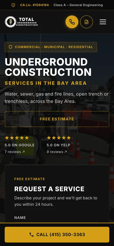 Total Underground Construction website on a phone