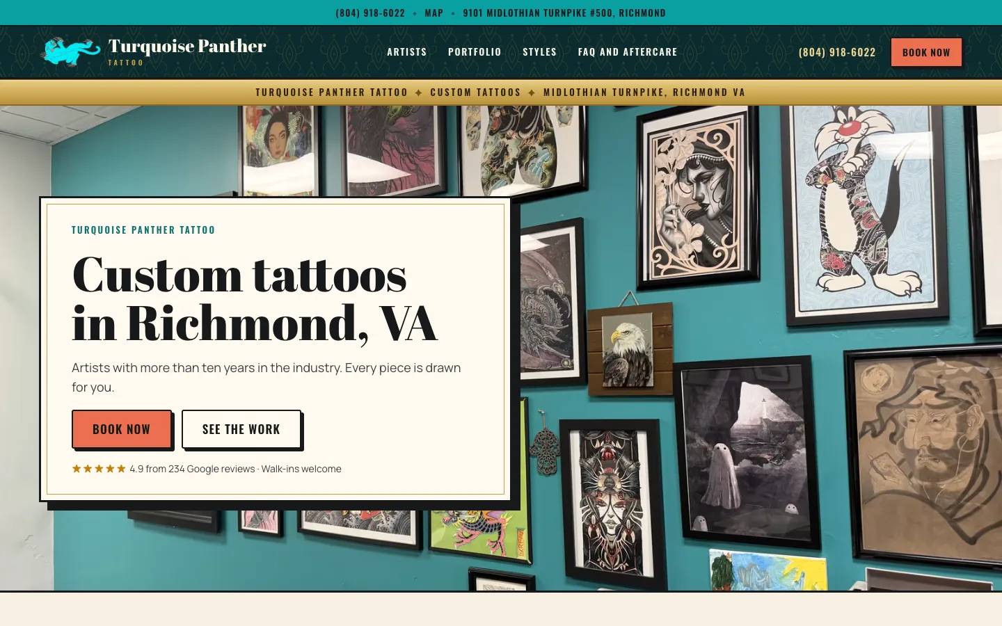 Turquoise Panther Tattoo website on desktop