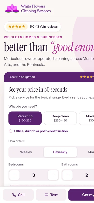 White Flower Cleaning website on a phone