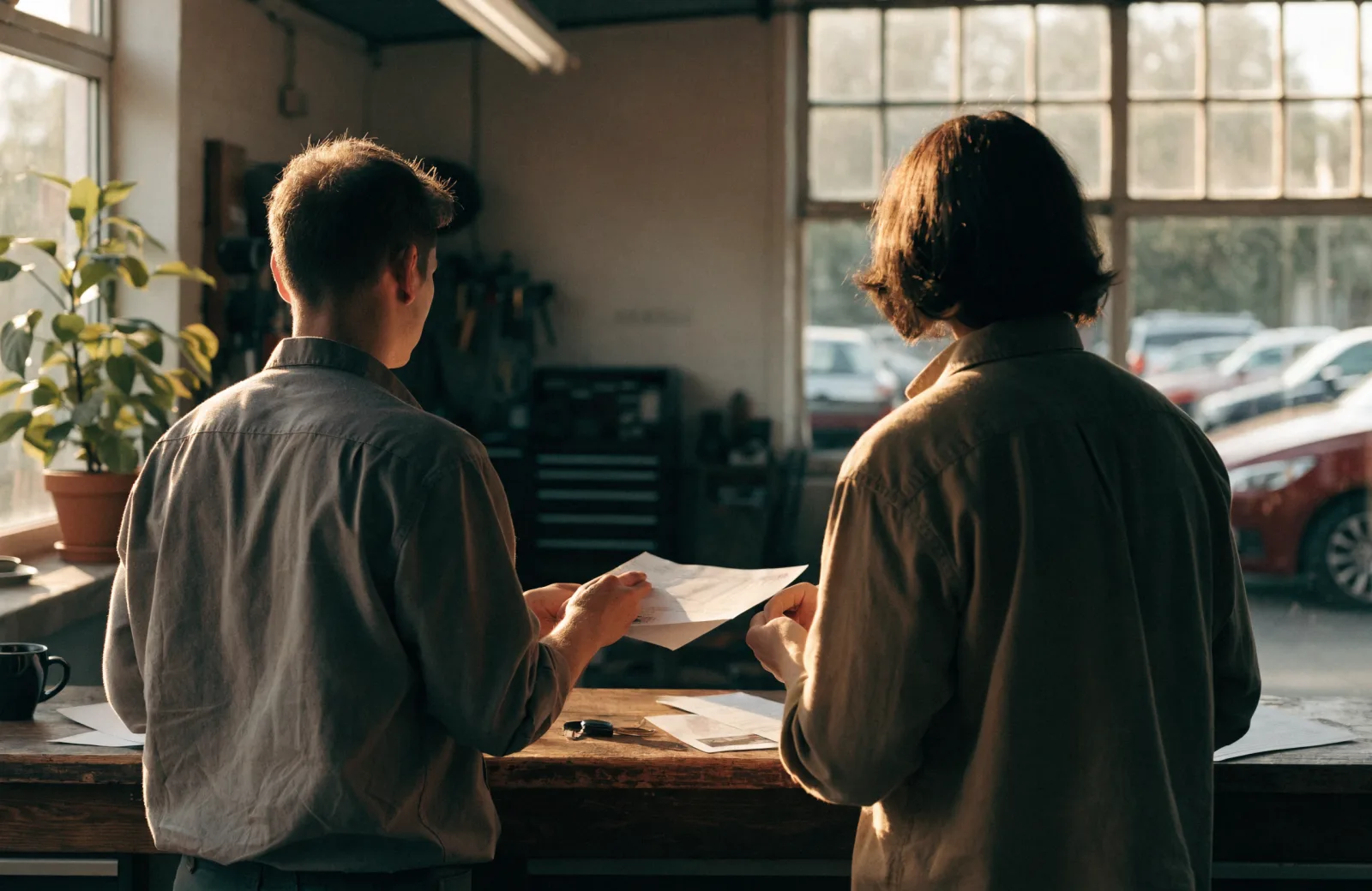 Service advisor handing an invoice to a customer at an auto repair shop counter