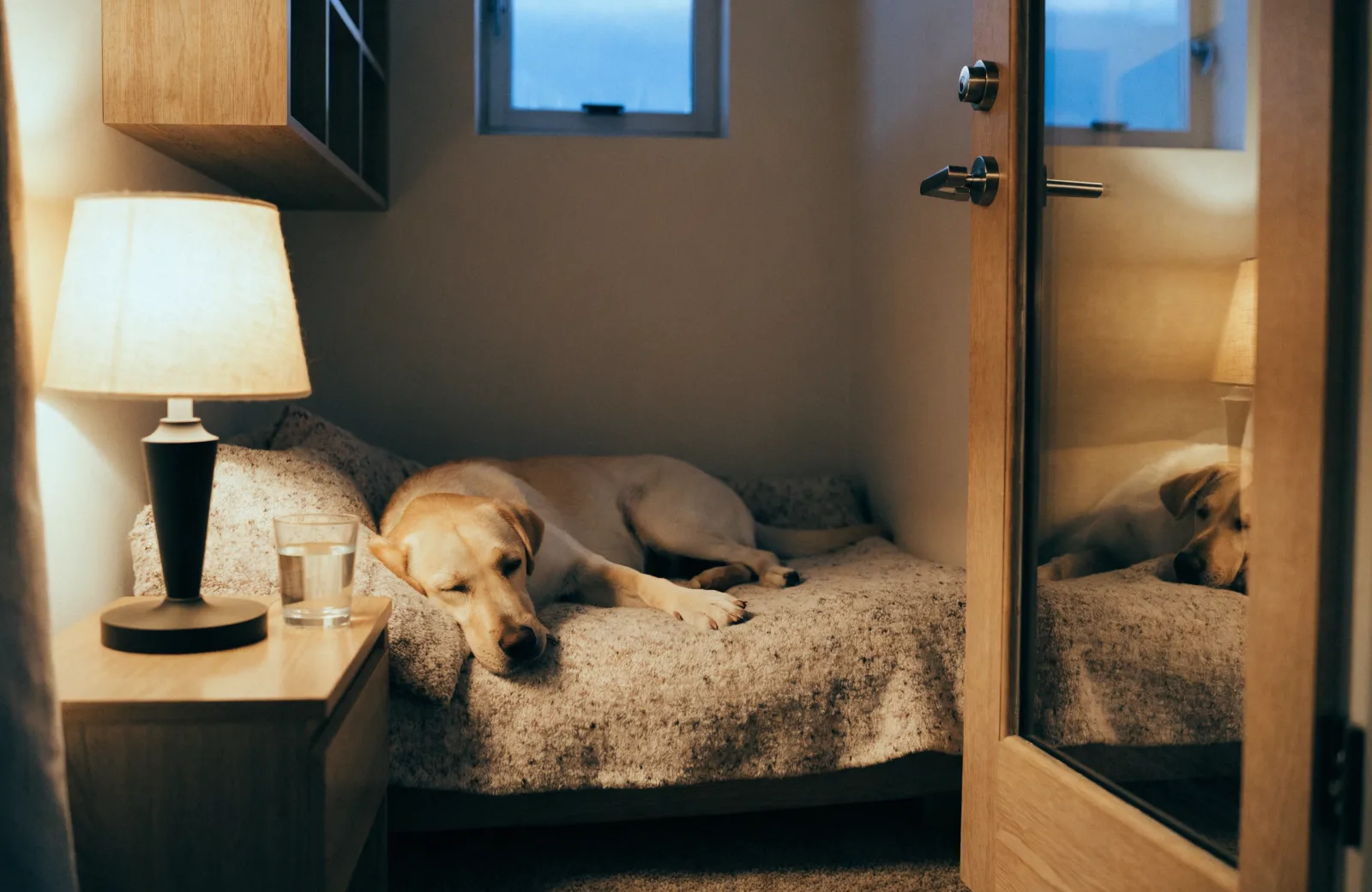 Dog resting in a private boarding suite during an evening stay